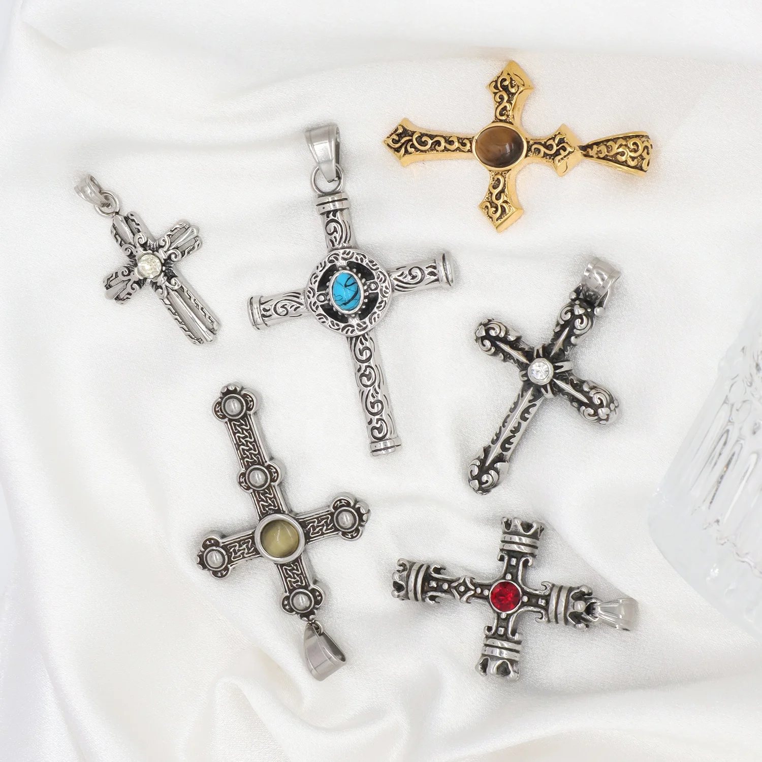 Custom Fashion Jewelry gold plated Prayer Crucifix necklace pendant charms DIY natural stone stainless steel cross Pendant