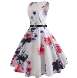 Elegant Classic vintage dresses retro 1950s 60s O Neck Printed Floral A Line Casual dresses With Belt Big Hem Party Dresses