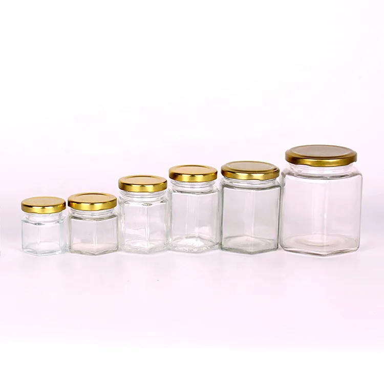 50ml 80ml 100ml 200ml 380ml 730ml hexagon glass honey jar cheap jam jars with metal lids