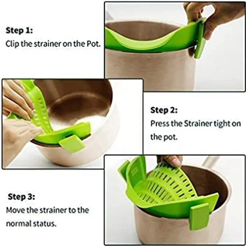 New design fits all pots and bowls kitchen snap n strain strainer silicone clip on food strainer