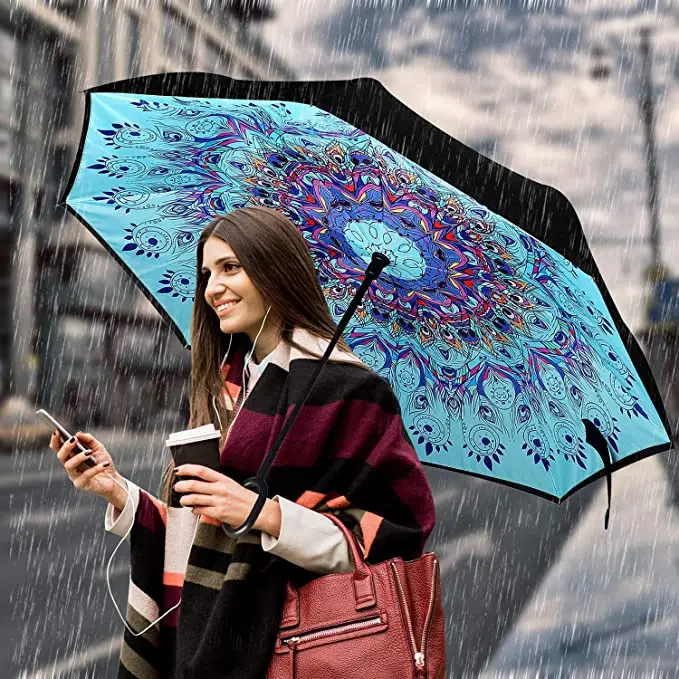 New inverse Umbrella logo prints Custom Double Layer C Shape Handle design inverted Reverse Umbrellas