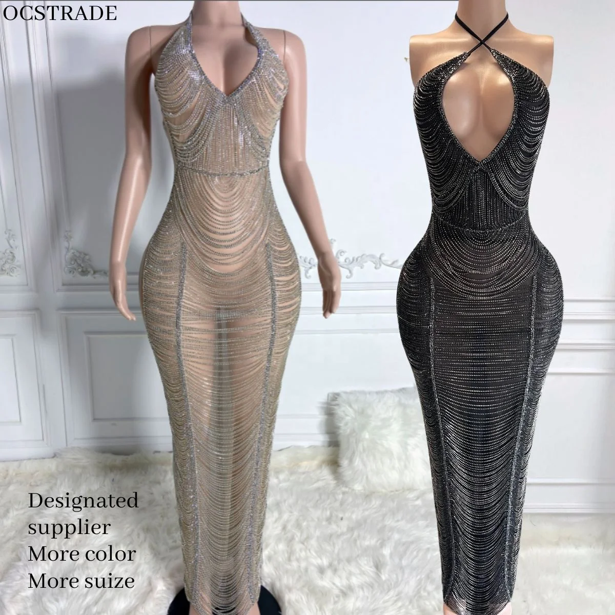 Ocstrade 2024 Women Night Club Rhinestone Chain Sleeveless Black Evening Dress Sparkly Crystal Sexy Halter Backless Prom Dresses