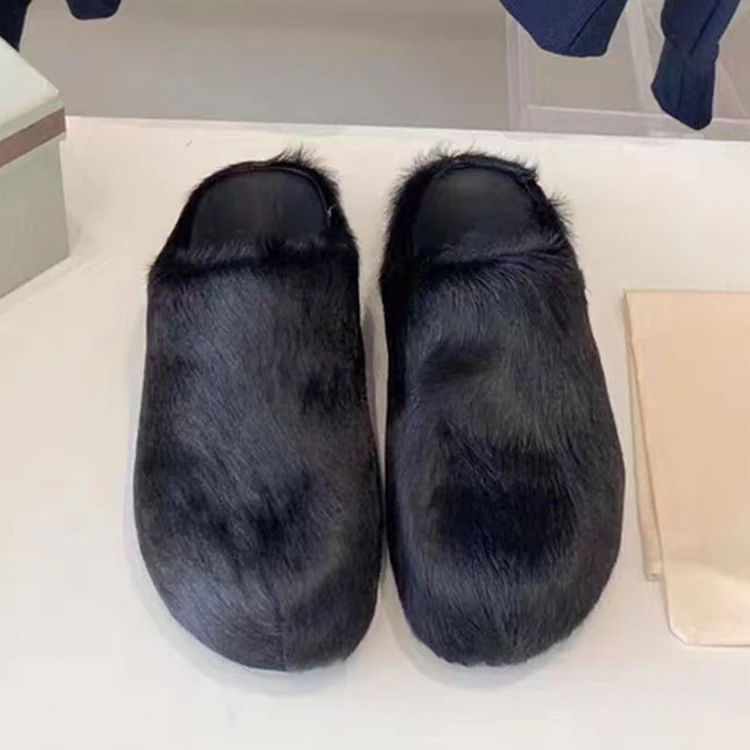 Fashion Luxury Women Winter Loafers Flat Real Fur Slides Horsehair Fluffy Plush Furry Slipper with Logo Customized