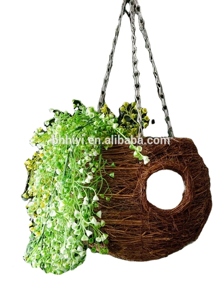 Натуральная подвесная корзина из ротанга ручной работы для украшения сада, подвесные горшки для растений с цепочкой и крючком диаметром 24 см