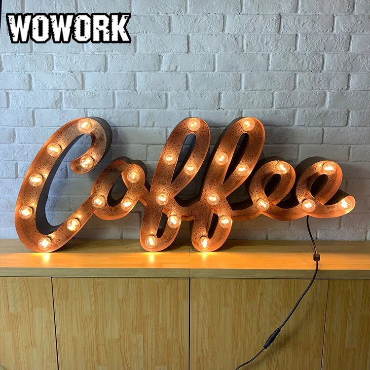 2024 WOWORK custom vintage style bulb marquee lights open face channel letter logo sign by OEM for shop store decoration