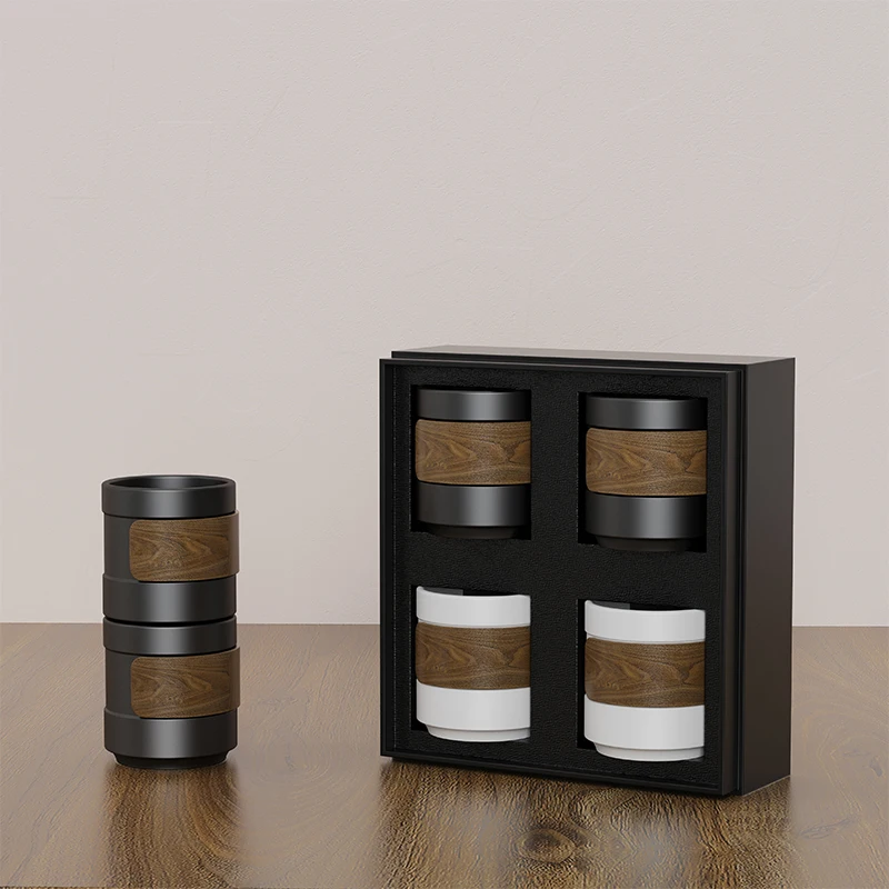 DHPO Japanese Style 4 Cups Set Portable Matte Black Ceramic Coffee Tea Mug with Wooden Sleeve Porcelain Cups