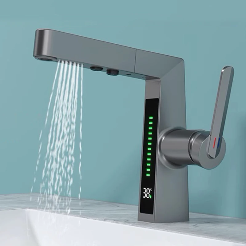 New pull out bathroom vanity faucet basin faucets with smart temperature digital lcd display