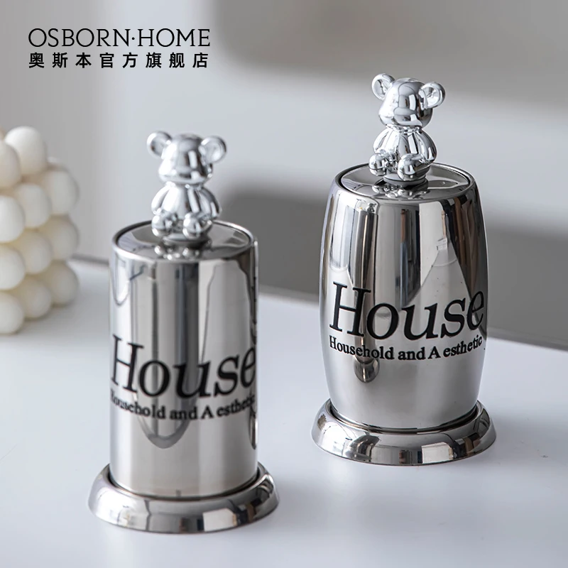 OSBORN Sliver Stainless Steel Hand Press Type Toothpick Dispenser Holder Metal Bear Toothpick Storage