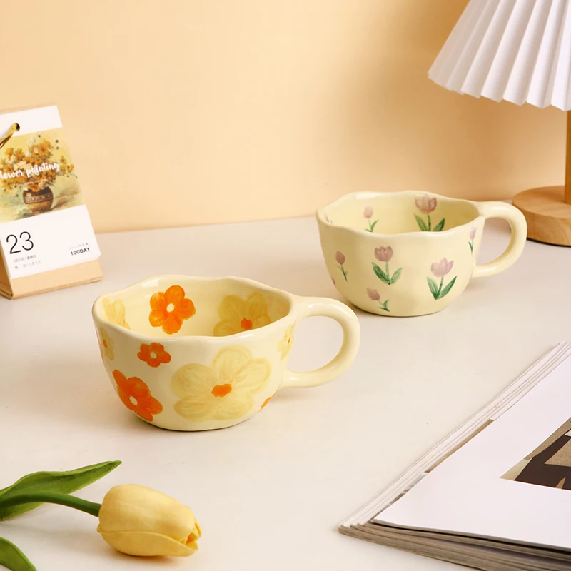 Nordic customization ins mug Coffee mug  Yellow flower Coffee ceramic porcelain cup mug set
