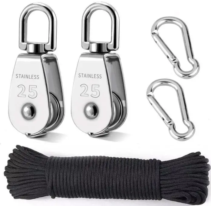 304 Stainless Steel Pulley Roller Single Pulley Block With Spring Snap Hook Carabiner Kit