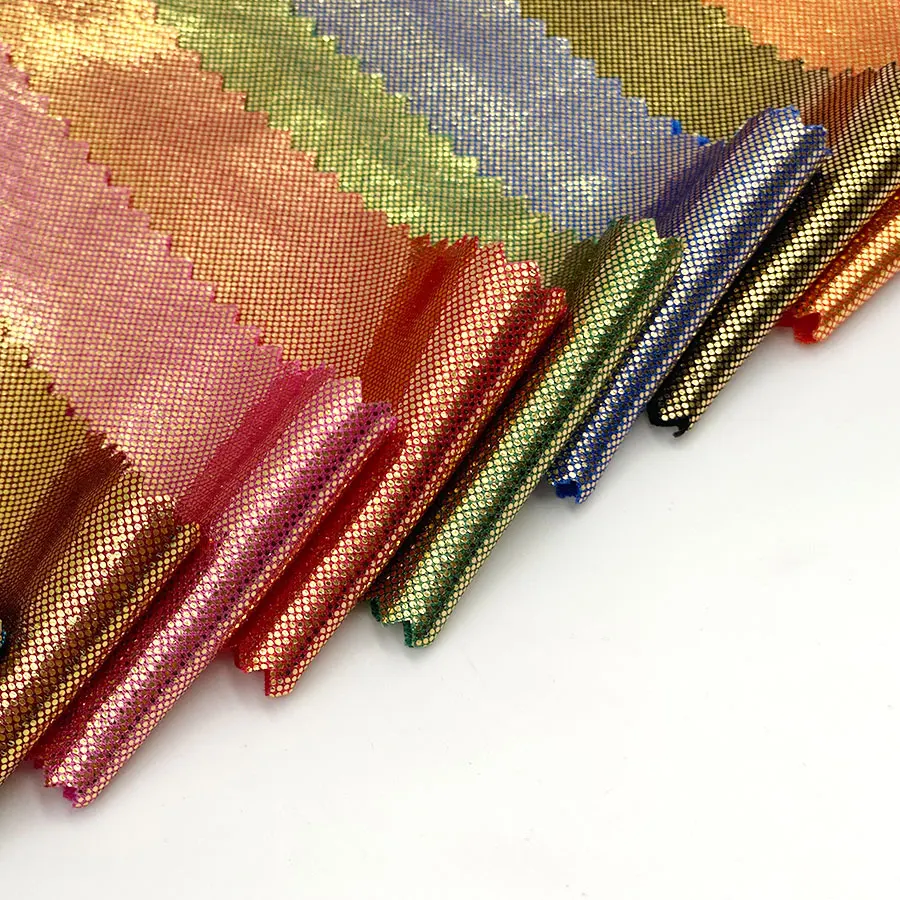 Wholesale colorful shiny stage wear glossy cloth spandex stretch polyester plain dyed printing foil knitting satin fabric