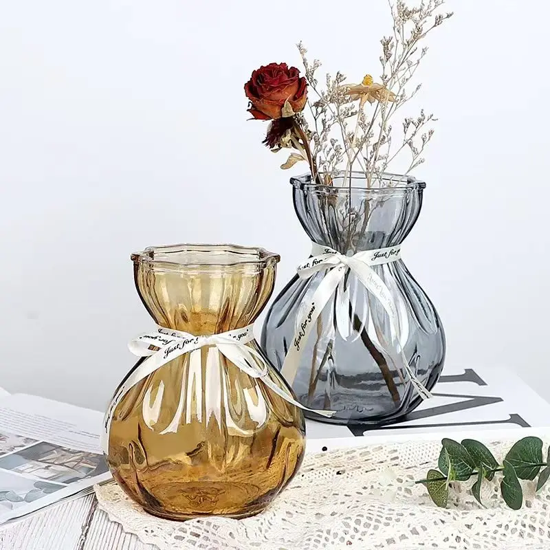 Minimalist Vase Decorative Vase European style colored transparent hydroponic glass vase with ribbon