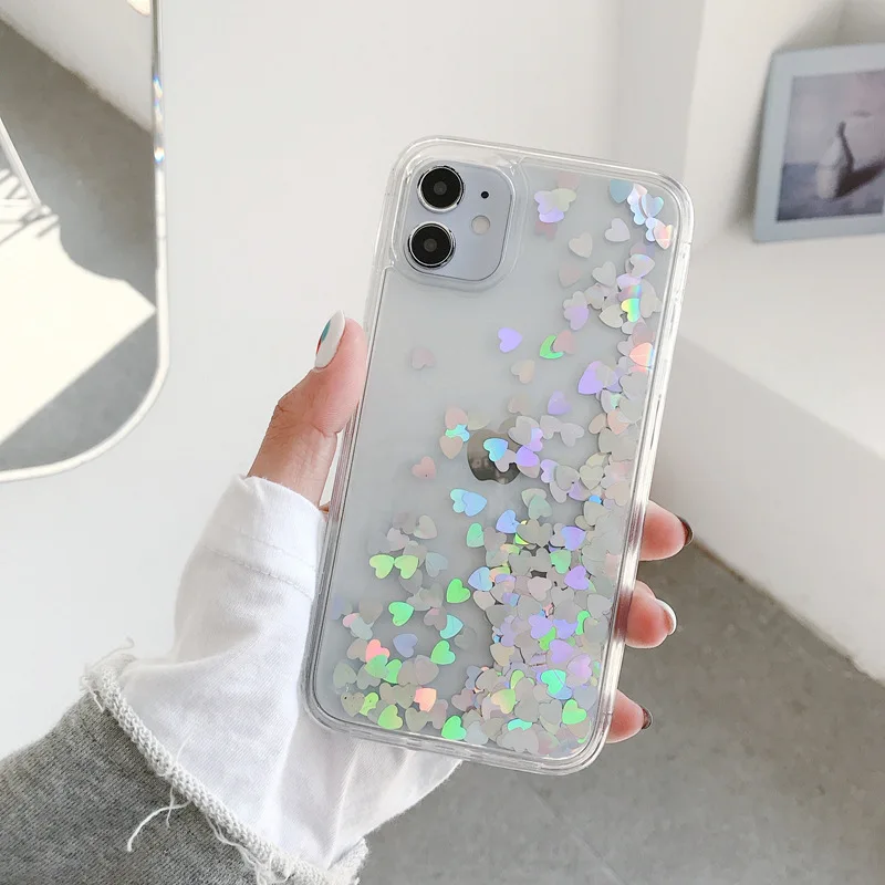 Fashion Cute  Love Heart Floating Glitter Quicksand TPU Phone Case Cover For iPhone 12 pro For Girl