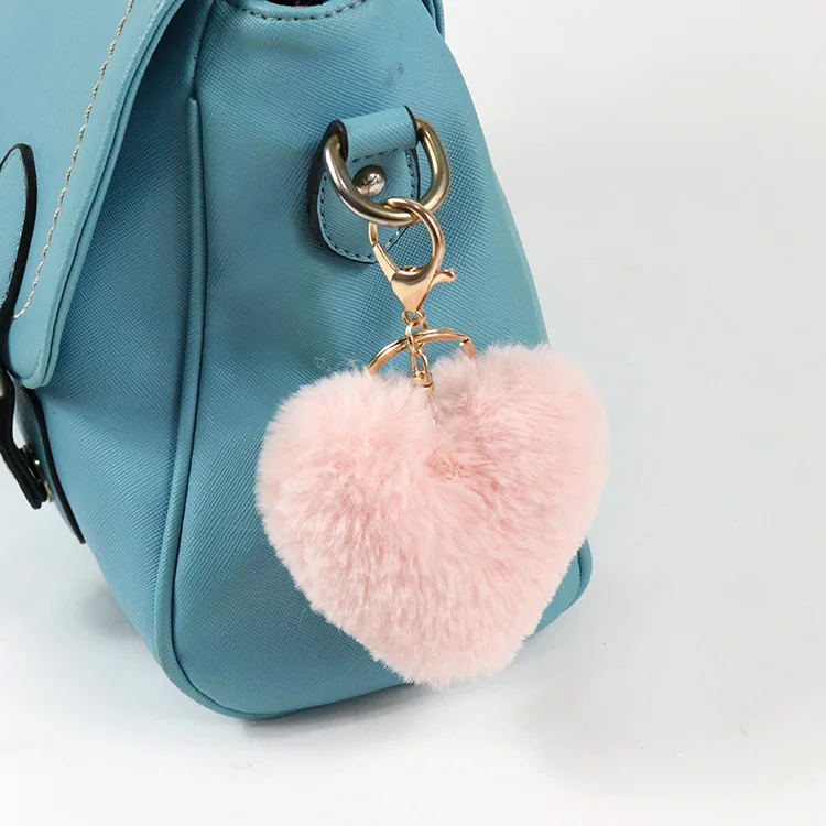 Heart Wholesale Imitation Fake Fox Animal Fur Pom Pom Ball Keychains Faux Fur Ball K With pin Snap Button