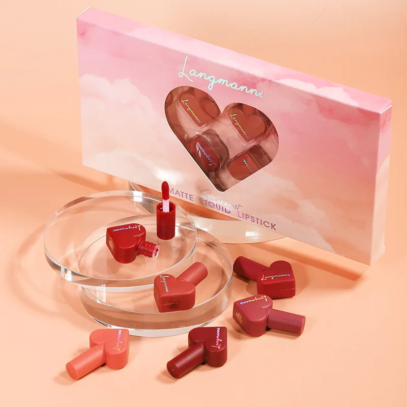 New waterproof heart shape 12pcs velvet matte liquid Red lipstick Set Women Lip Makeup Lipgloss Kit