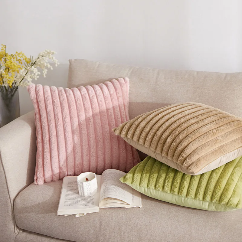 Double-Sided Faux Fur Plush Decorative Throw Pillow Covers Fuzzy Striped Soft Pillowcase Cushion Covers for Sofa Couch Bedroom