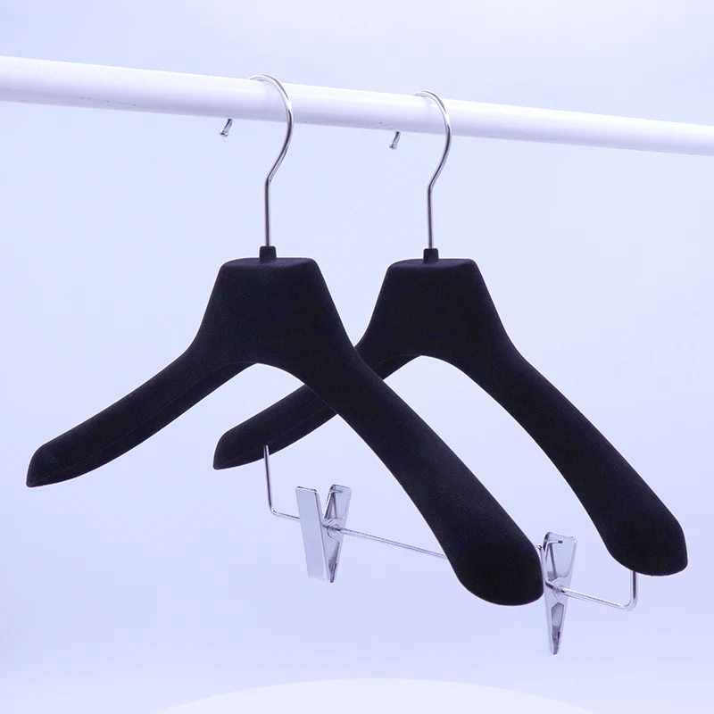 wholesale wide shoulder velvet flocked anti-slip jacket cloth hanger plastic suit hanger for winter coat clothes