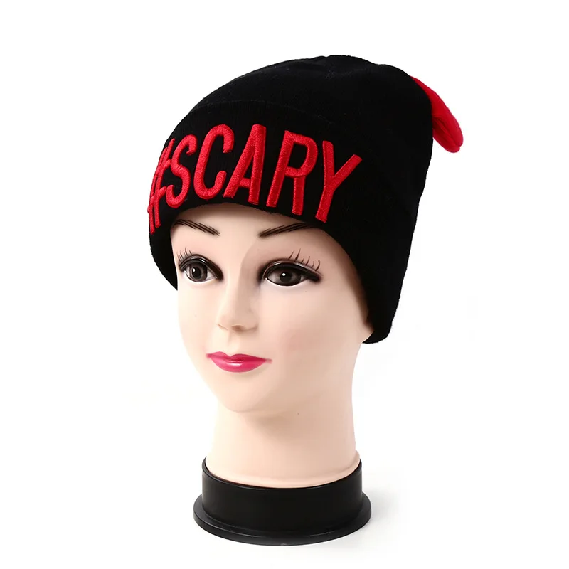 Fashion cute winter cuff knitted custom 3d embroidery logo beanie hat with horns