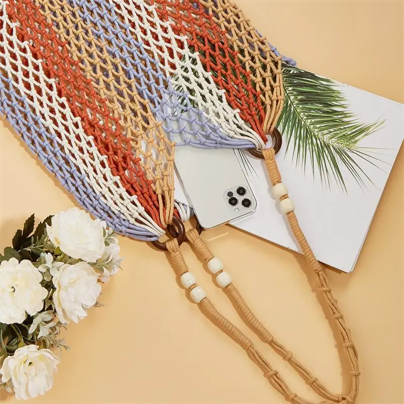 Wholesale Cotton Polyester Rope Handmade Woven Hollow Tassel Handbag Multicolor Rope Ring Handles Grocery Girls Outdoor Casual