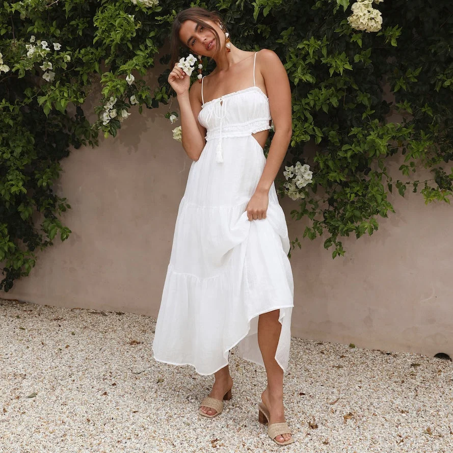 Custom Relaxed Fit Adjustable Thin Straps Tie-up Pom-like Tiered Lightweight Skirt Square-neckline Back Cutout Maxi Dress