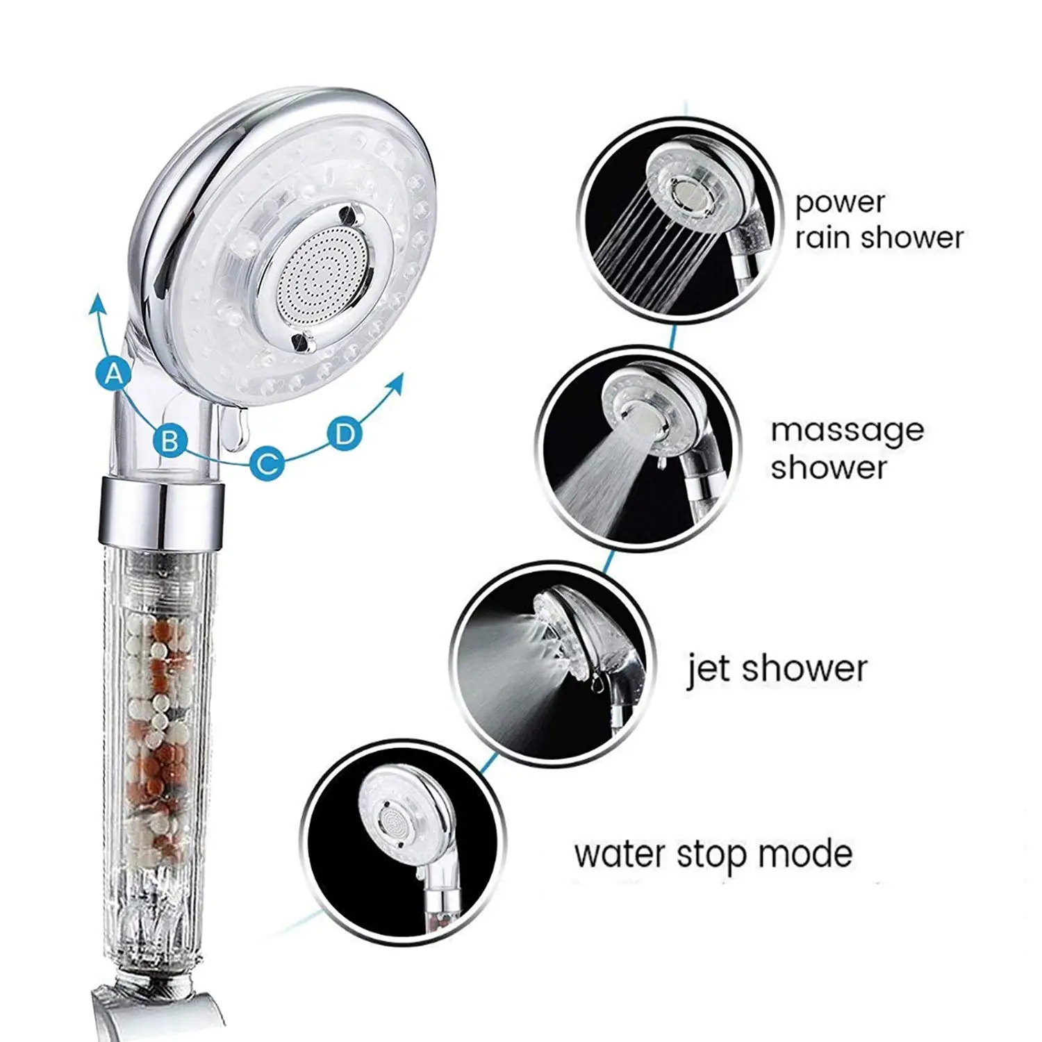 Filter water 4 jet increase pressure ionic  handheld shower head with rotating tube