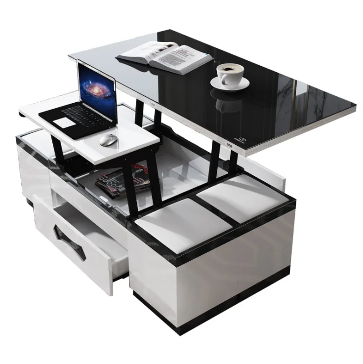 Classic Office Tea Concrete Look Custom Dark Brown Rectangle Wood Multifunctional Folding Lift Top Coffee Table Set