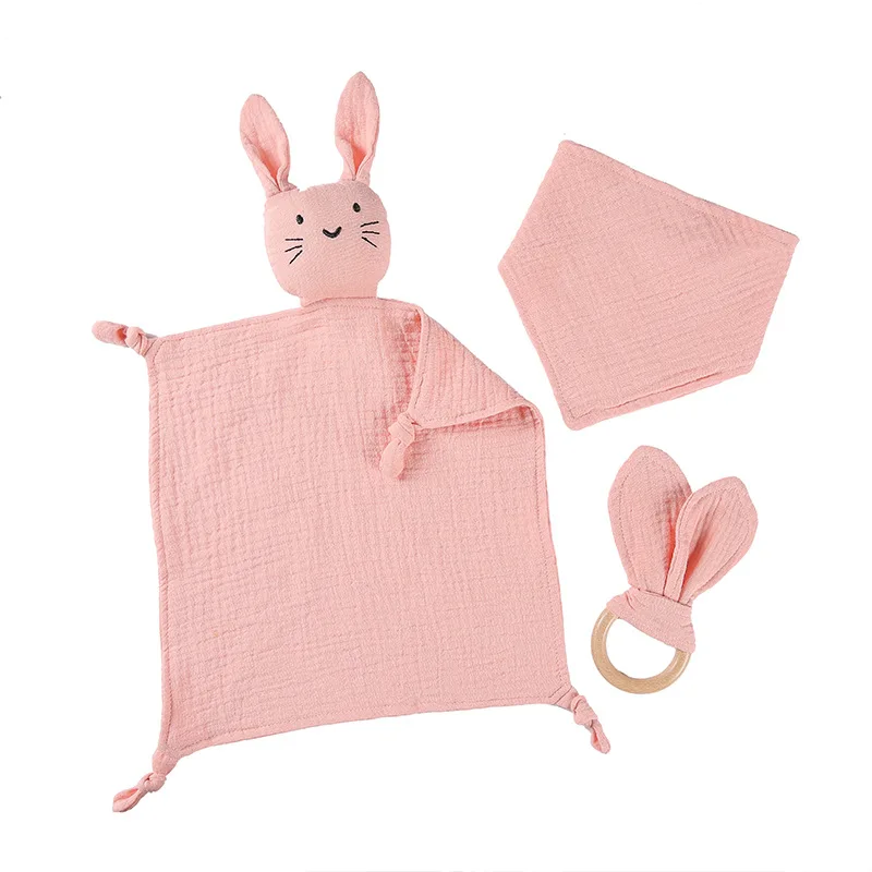 Amazon Hot Selling Baby Pure Cotton Gauze Animal Soothing Towel Saliva Blanket Beech Wood Rabbit Bunny Ears Three Piece Set