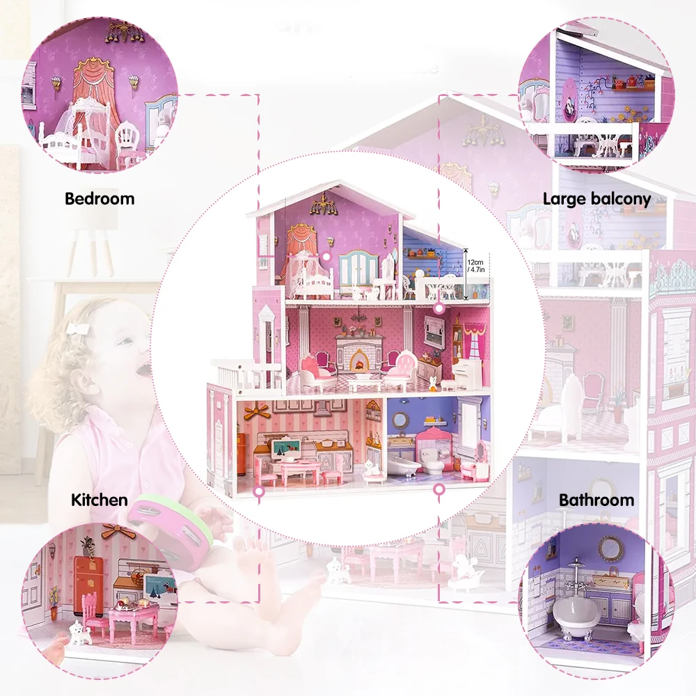 NEW Princess 3 Layer Villa Wooden Doll houses With DIY Pretend Play Accessories Wooden Furniture Toys For Baby Toys Kids