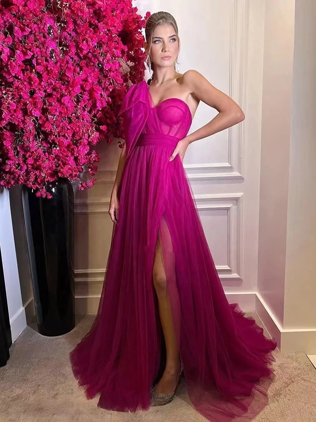 Fashion One Shoulder A-Line Evening Dress With bow women elegant custom evening dress for party prom