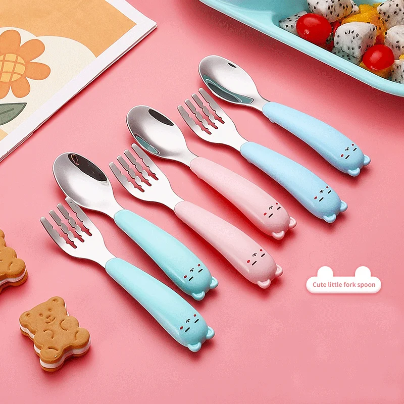High Quality Toddlers Utensils Cute Cartoon Handle Stainless Steel 304 Safe Baby Spoon and Fork with Case Kids Cutlery Set