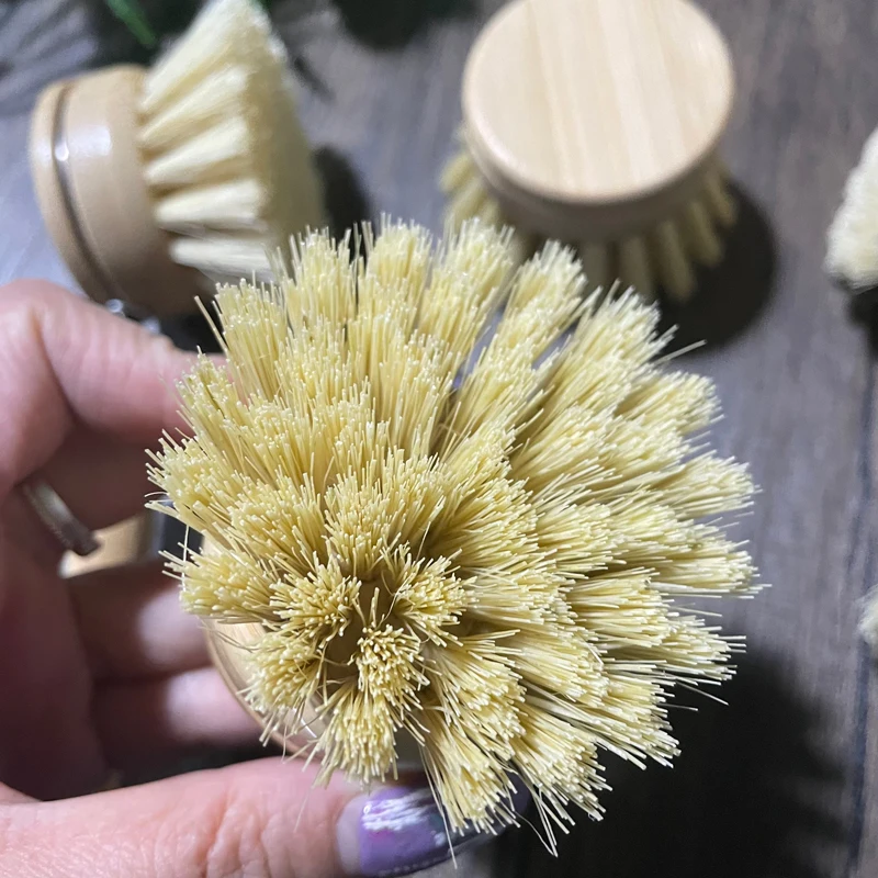 5PCS Long Handel Bamboo Dish Pot Plate Cleaning Brush Detachable with Replaceable Heads Kitchen Dish Pot Scrubber