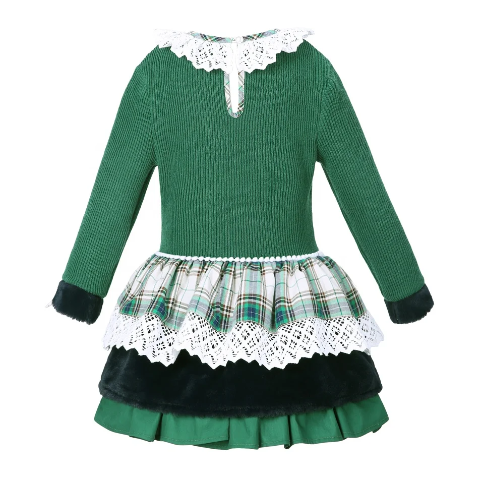 OEM Pettigirl Green Fancy Dress Hollow-out Lace Round Collar Knit Girl Child Sweater Dress
