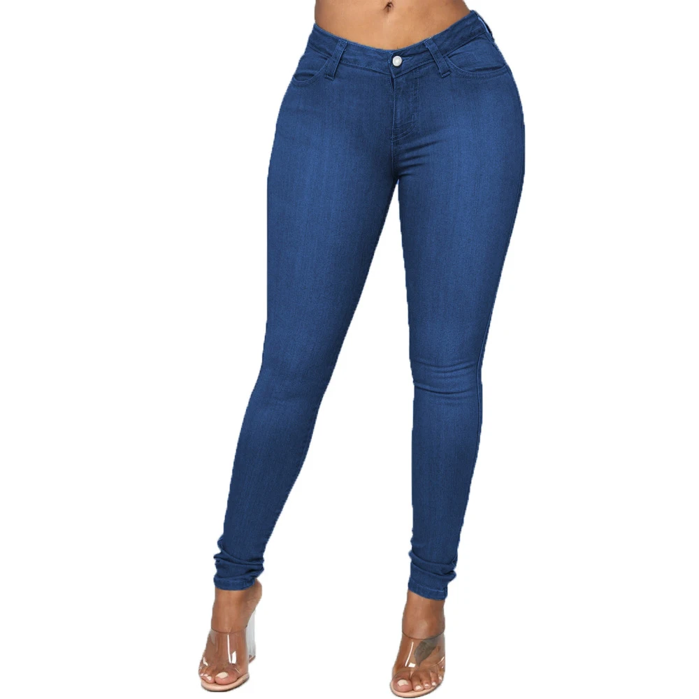 Women Plus Size Elastic Stretch High Waist Solid Color Trousers Pencil Pants Skinny Denim Jeans Cotton Casual Softener Knitted