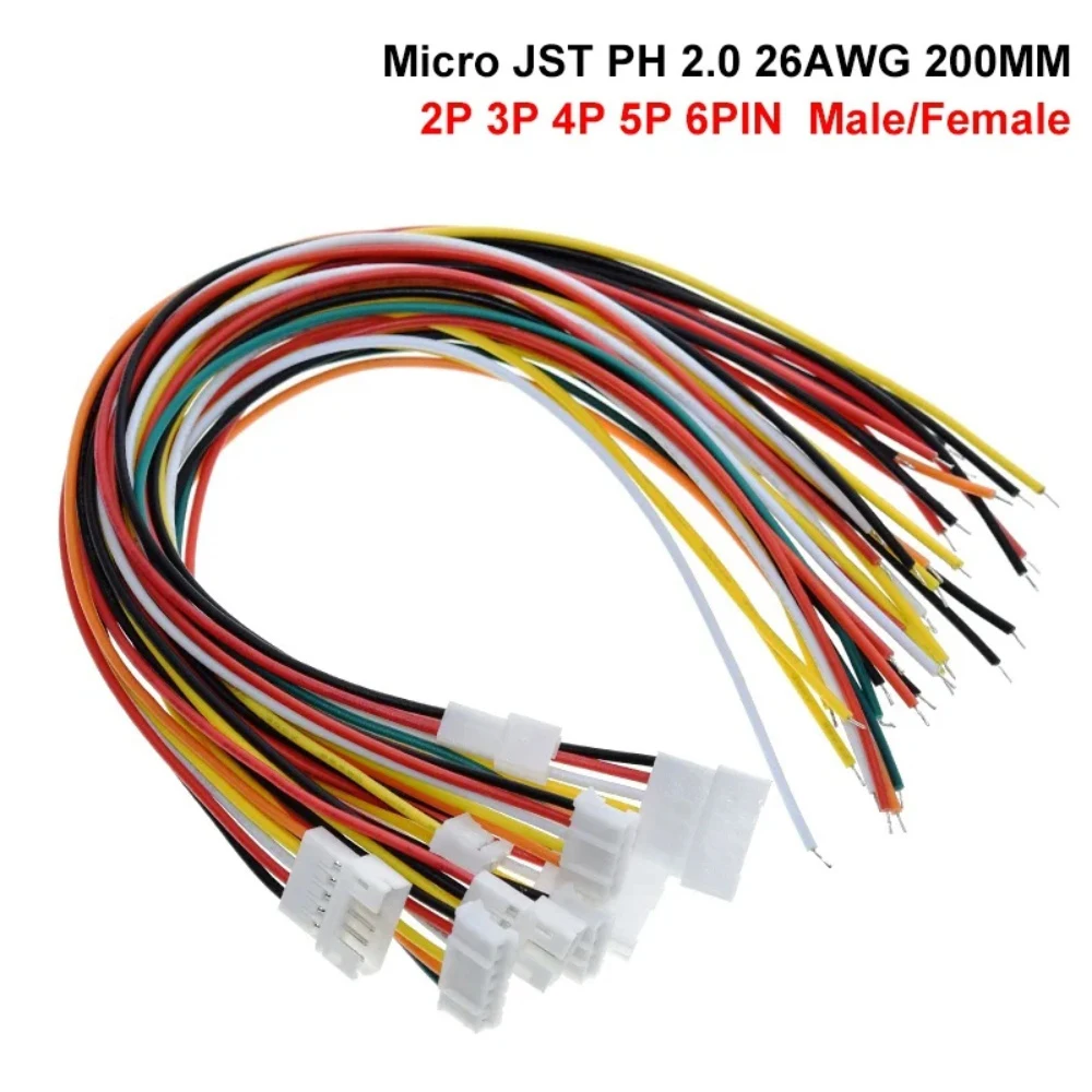 10PCS 5Pair Micro JST PH 2.0 2P 3P 4P 5P 6PIN Male Female Plug Connector With Wire Cables 20CM+20CM For  MP3