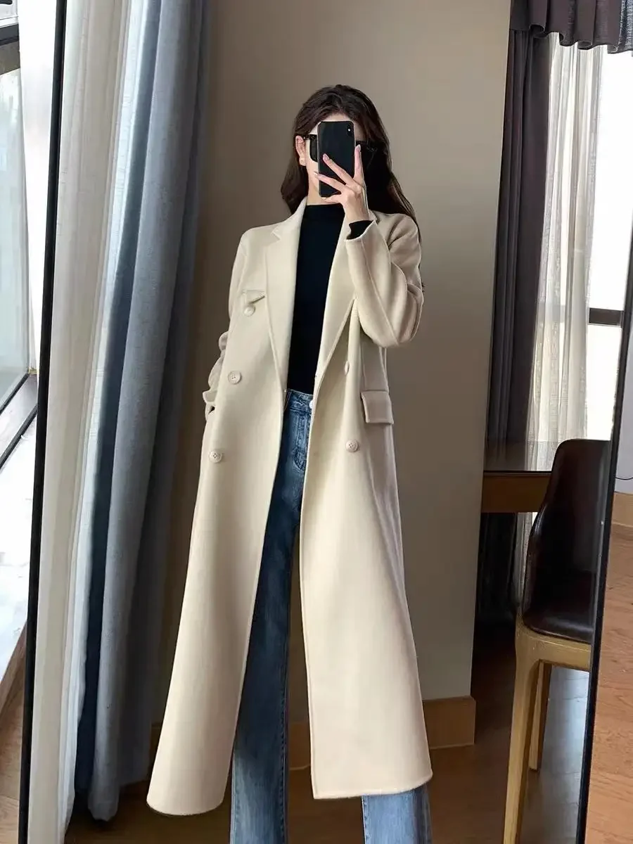 Multi-color double-sided cashmere overcoat 2024 autumn/winter new Korean version of loose leg long lace-up woolen coat