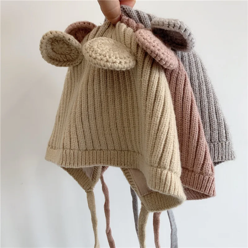 WD-A573  Toddler Winter Knitted Cotton Lined Hat With Ears Knit Beanie Hat Baby Winter Hat For Girls