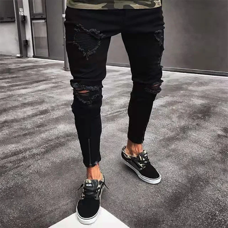 China Factory Custom Wholesale Popular Stretch Zippered Tapered Leg Slim Fit Ripped Black Jeans Men
