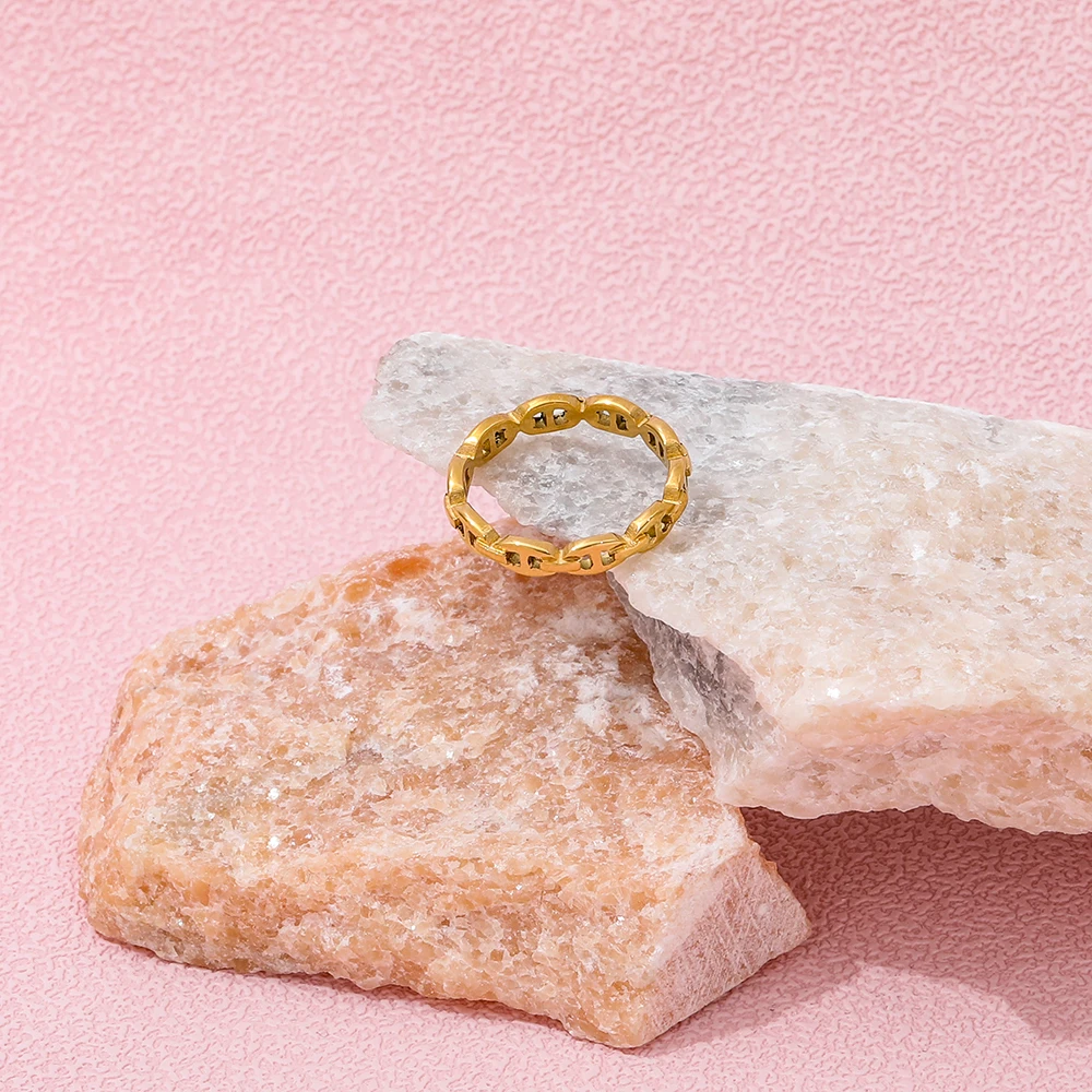 High End 18K Plain Gold Chain Hollow Rings Stainless Steel Trendy Simple Gold Plated Jewelry