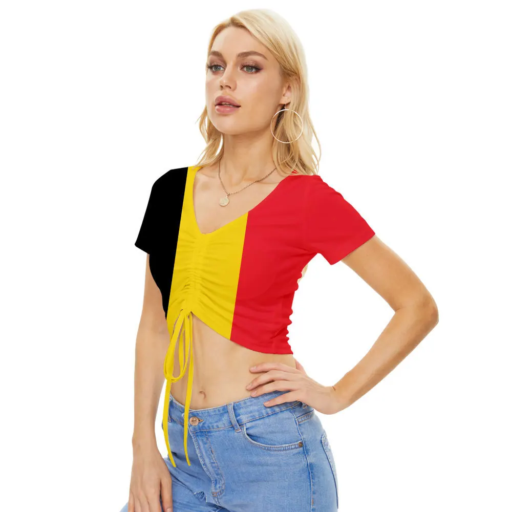 Fashion Girls V Neck T Shirts France Germany Spain National Flag Pattern Womens Short Sleeves For 2022 Football World Cup