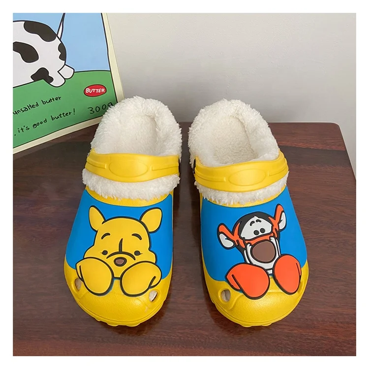 Winter warm cartoon cute yellow bear non-slip soft student teenagers clogs shoes boys girls unisex mules indoor plush slippers