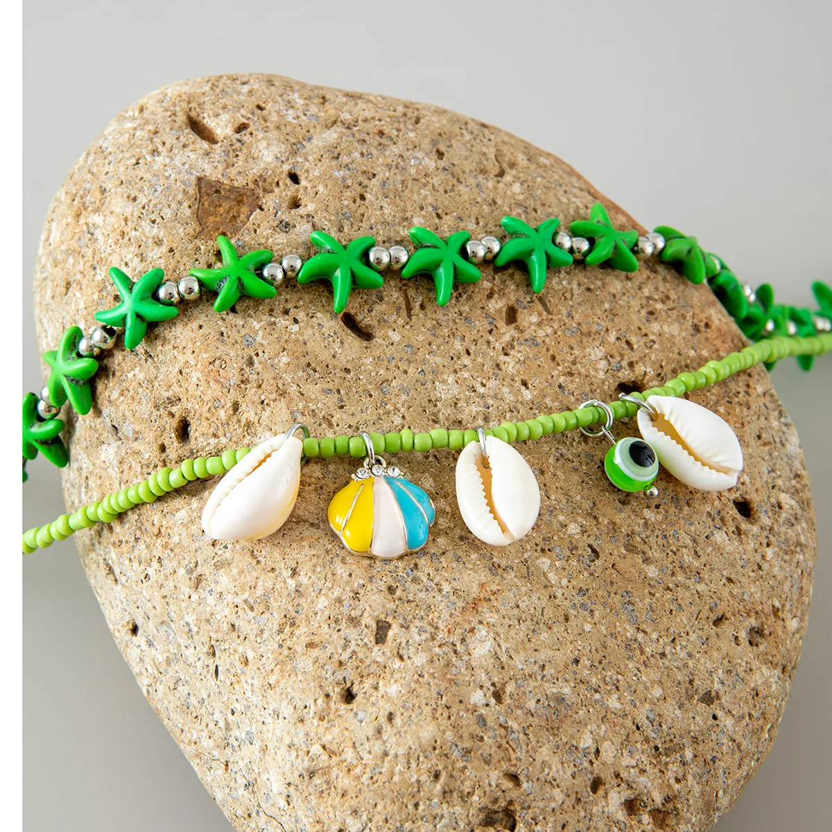 Ladies Double-Stranded Waist Chain with Colorful Rice Beads Contrast-Color Boho Gravel Shell Pendant Sexy Body Chain Set