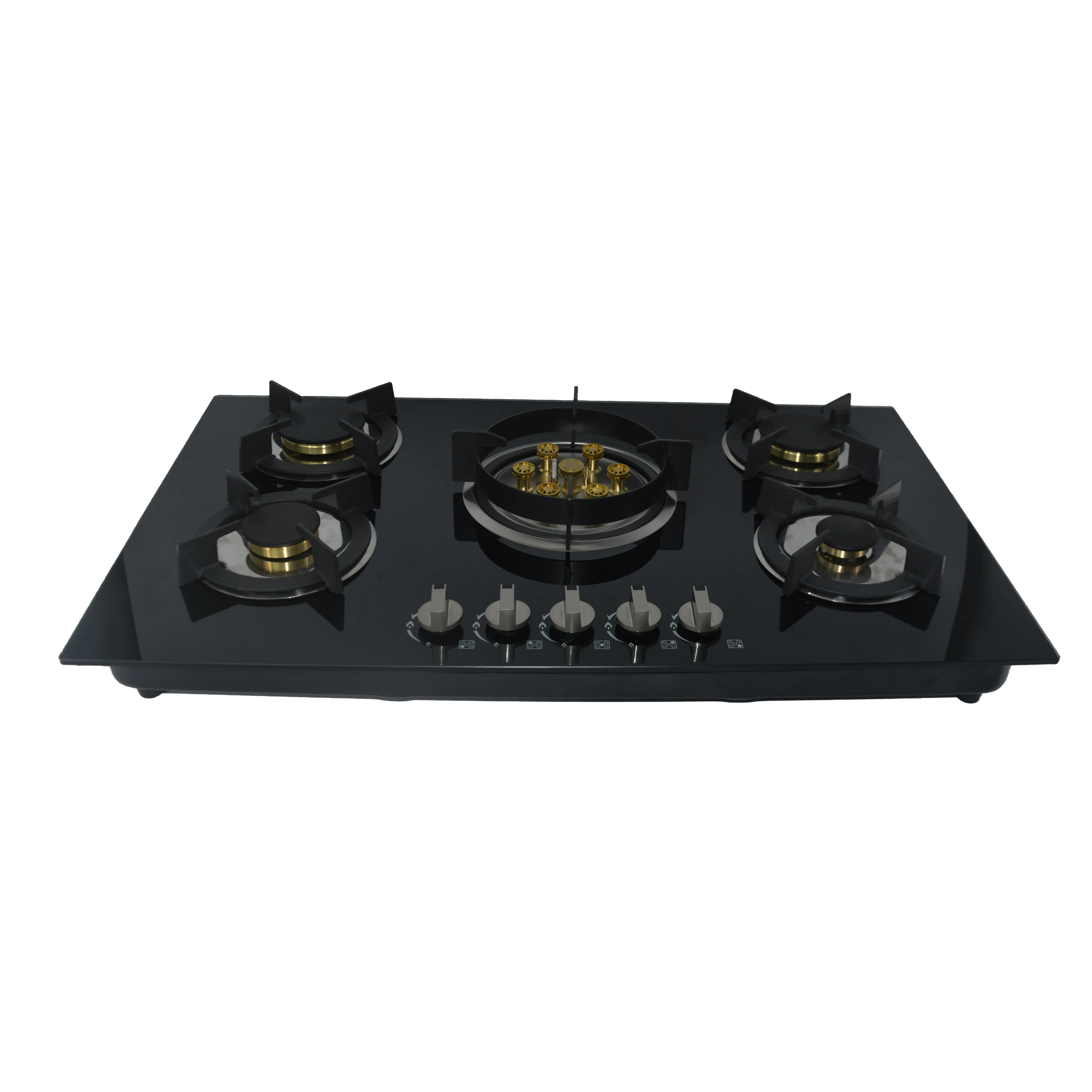 Black Kitchen Gas Cooktop with Glass Panel and Manual Ignition for Home & Hotel Use Features Ceramic Surface and 5 Cookware
