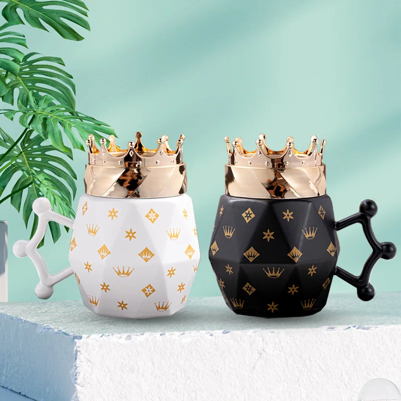 New Creative Porcelain Tableware Ceramic Coffee Mug Cups with Crown Lid KING Design Gift Old Man Couple Color Box