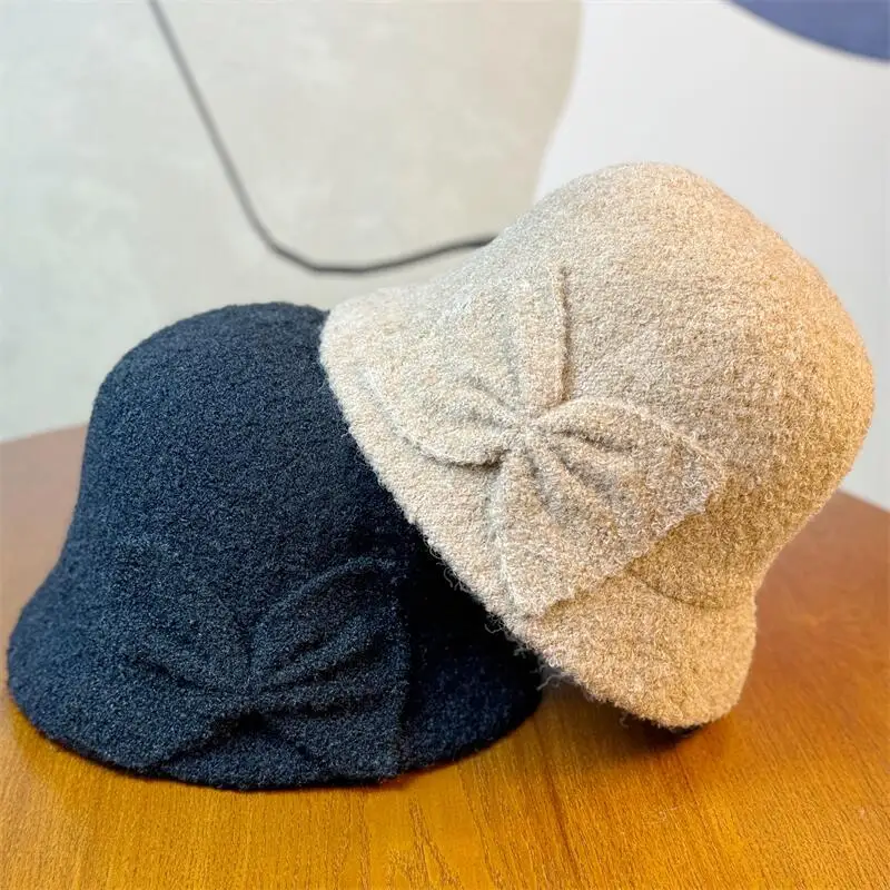 BESTELLA Custom Vintage Elegant Striped Fedora Beanies Adult Rolled Mother Winter Bucket Hats with Bowknot Lady Fleece Headwear