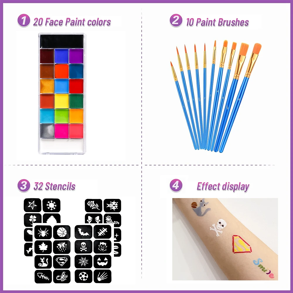 Professional Face Body Art Painting Brush Stencil Supplies Cosplay Makeup Palette Body Paint Kit Oil Face Paint