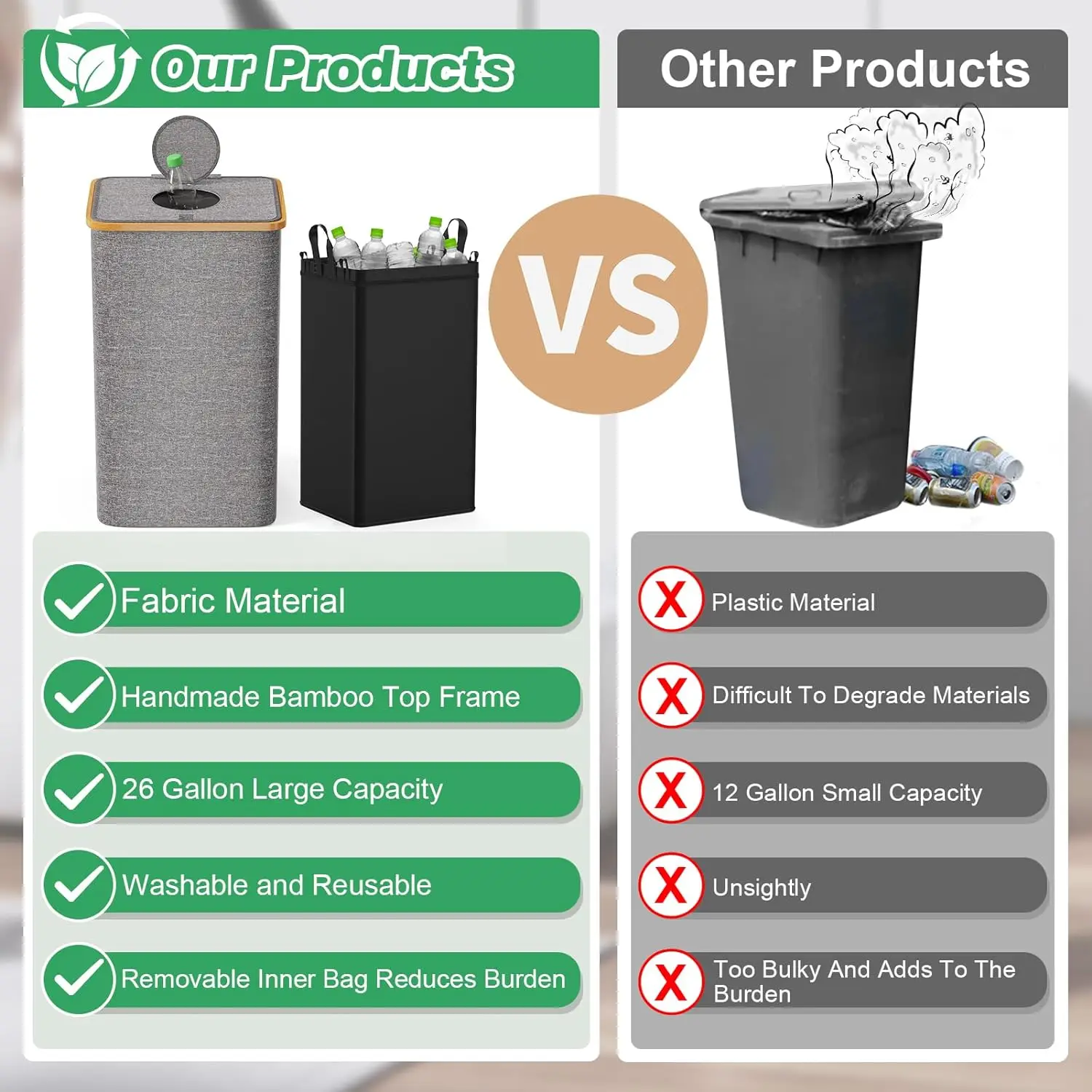 Custom 100L Bamboo Grey Kitchen Recycling Bin Deposit Bottle Storage Bottle Collection Container with Lid Removeable Inner Bag