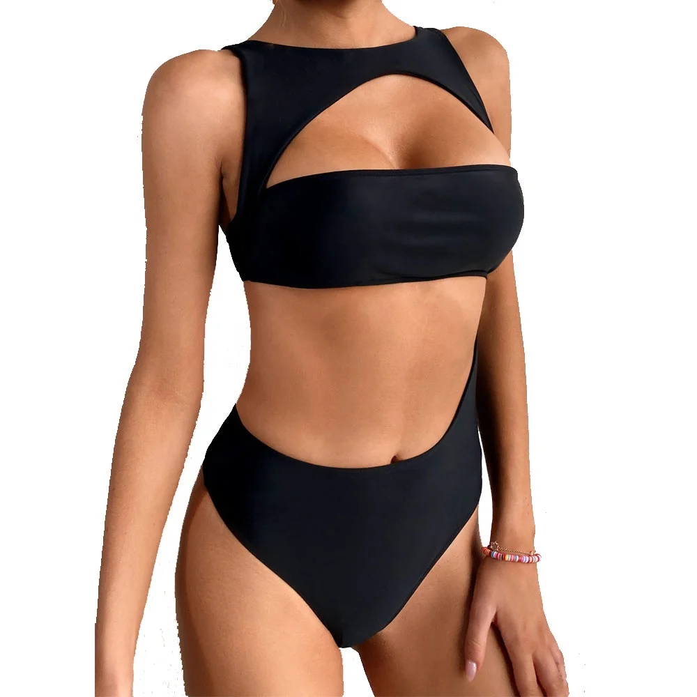 Sexy Black Cutout High Waist Swimwear Cheeky Thong Brazilian Bikini Swimsuit Set for Women Padded Bathing Suit
