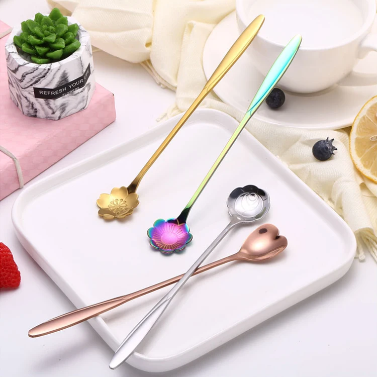 Tea Coffee Mixing Ice Cream Spoon Stainless Steel Flower Shape Long Handle Spoon For Wedding Souvenirs Guests Gifts
