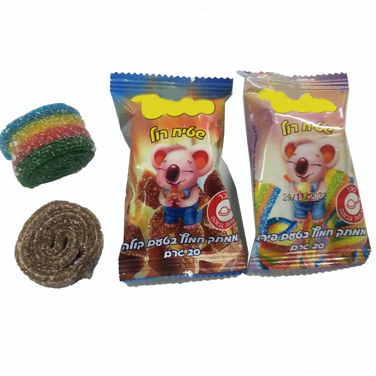 wholesale rainbow sugar coated fruit flavor sour belt roll soft gummy candy and sweets