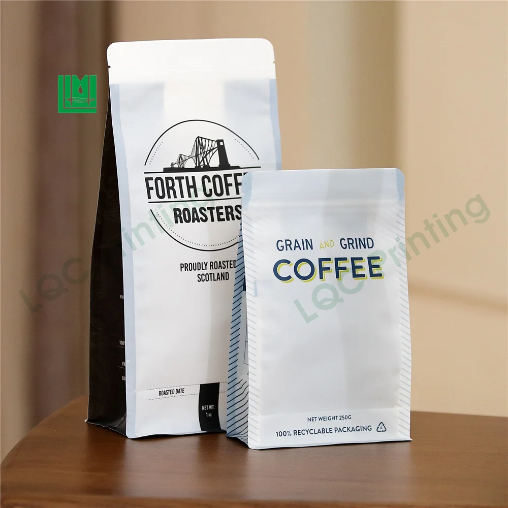 Custom flat bottom aluminum ziplock 100% recycle recyclable coffee bag 250 1 kg valve